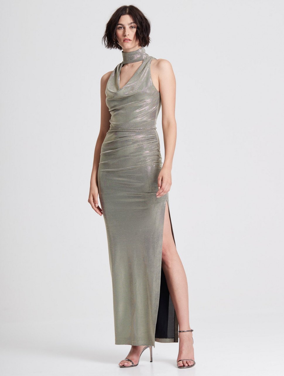 DRAPED NECK METALLIC KNIT GOWN DRAPED NECK METALLIC KNIT GOWN