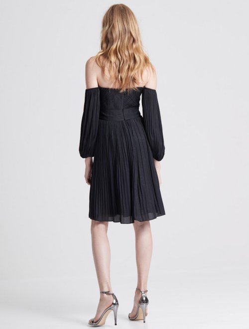 OFF SHOULDER PLEATED FOILED DRESS