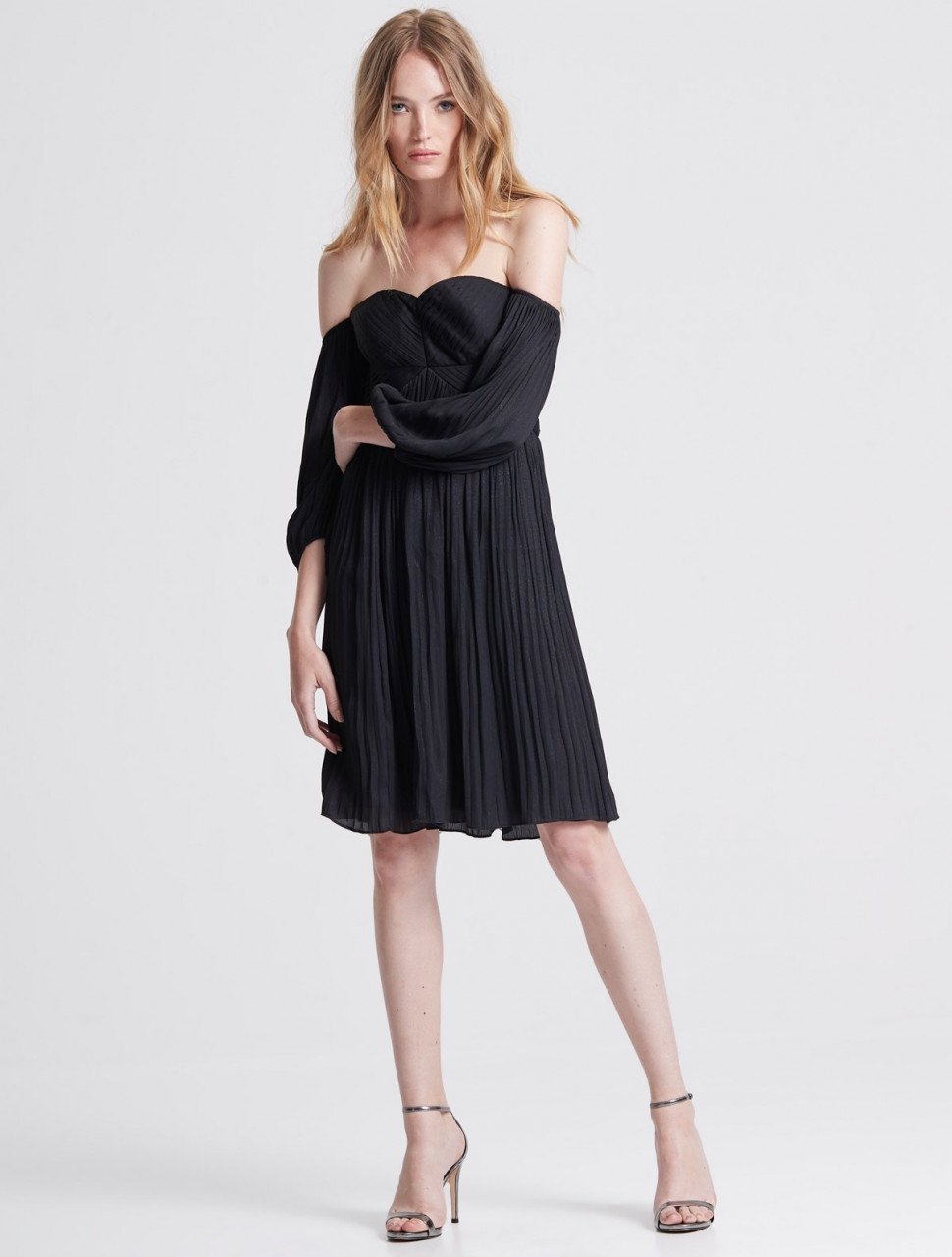 OFF SHOULDER PLEATED FOILED DRESS OFF SHOULDER PLEATED FOILED DRESS