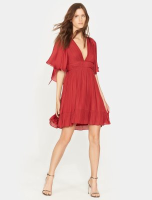 FLOWY CAPE SLEEVE V NECK PLEATED DRESS FLOWY CAPE SLEEVE V NECK PLEATED DRESS