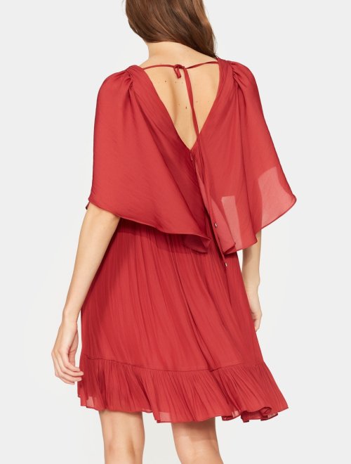 FLOWY CAPE SLEEVE V NECK PLEATED DRESS