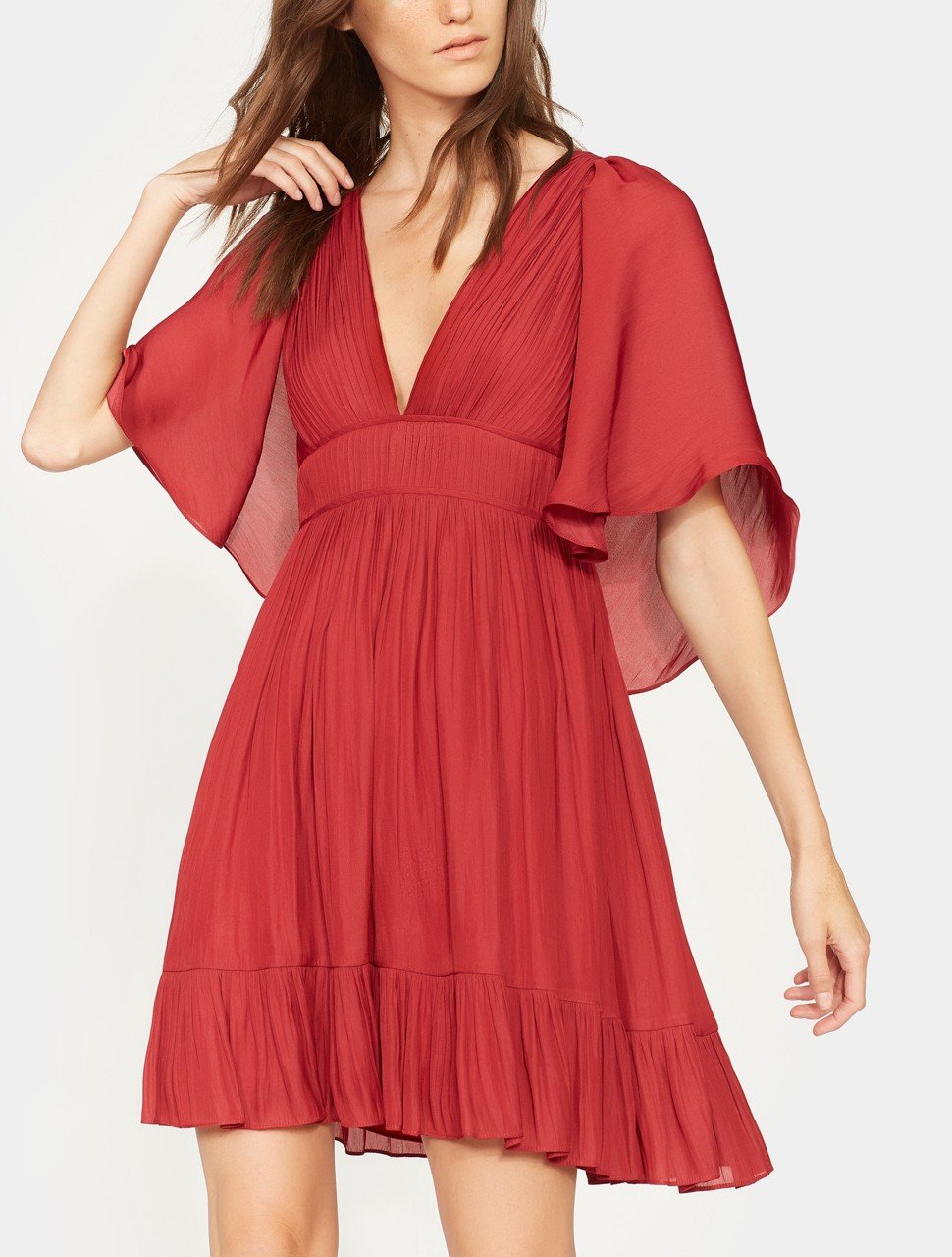 FLOWY CAPE SLEEVE V NECK PLEATED DRESS FLOWY CAPE SLEEVE V NECK PLEATED DRESS