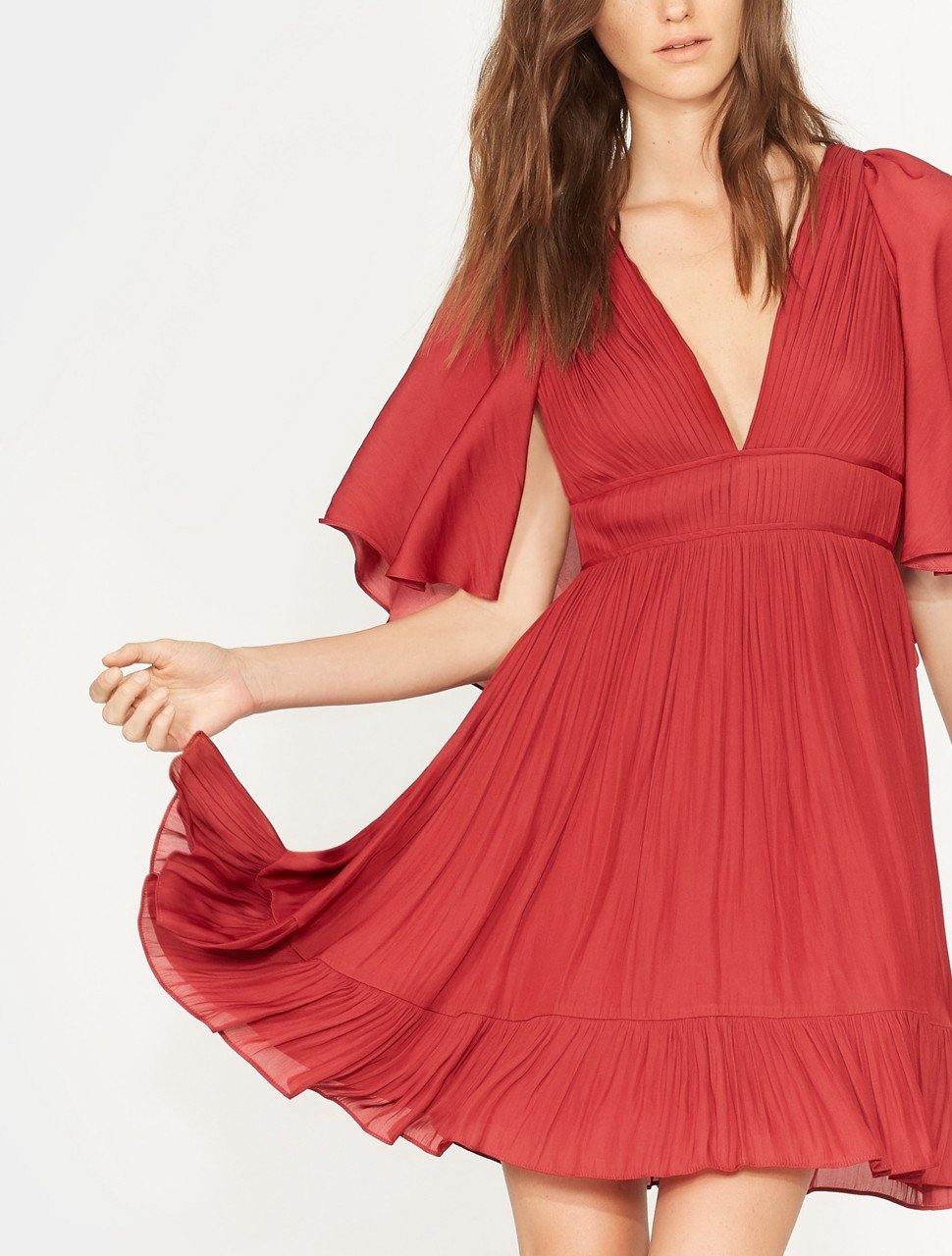 FLOWY CAPE SLEEVE V NECK PLEATED DRESS FLOWY CAPE SLEEVE V NECK PLEATED DRESS