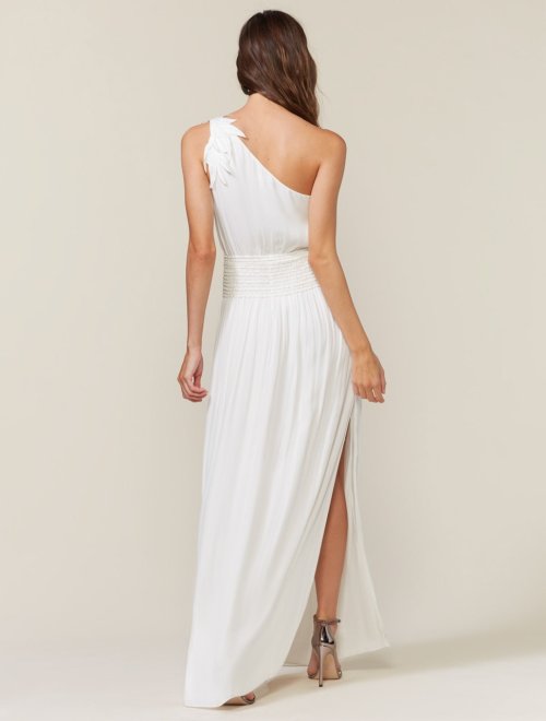 One Shoulder Floral Applique Smocked Waist Gown