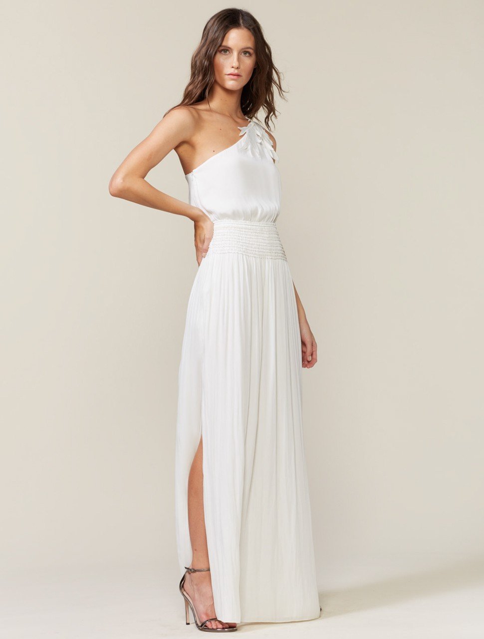 One Shoulder Floral Applique Smocked Waist Gown One Shoulder Floral Applique Smocked Waist Gown