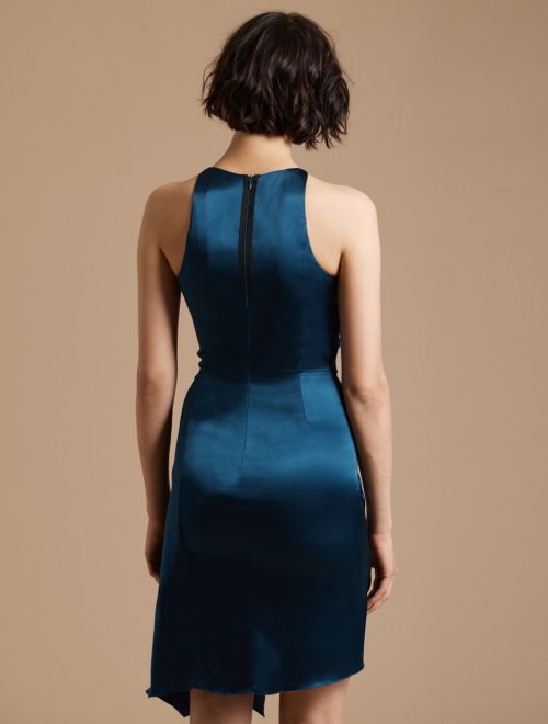 SLEEVELESS DRAPED FRONT SATIN DRESS