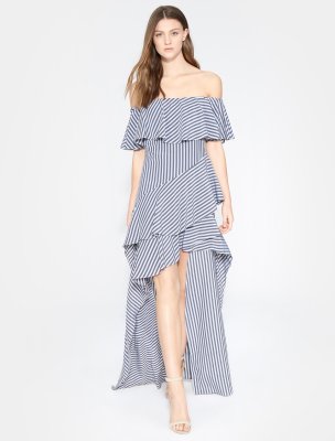 OFF SHOULDER HIGH LOW FLOUNCE STRIPED GOWN OFF SHOULDER HIGH LOW FLOUNCE STRIPED GOWN