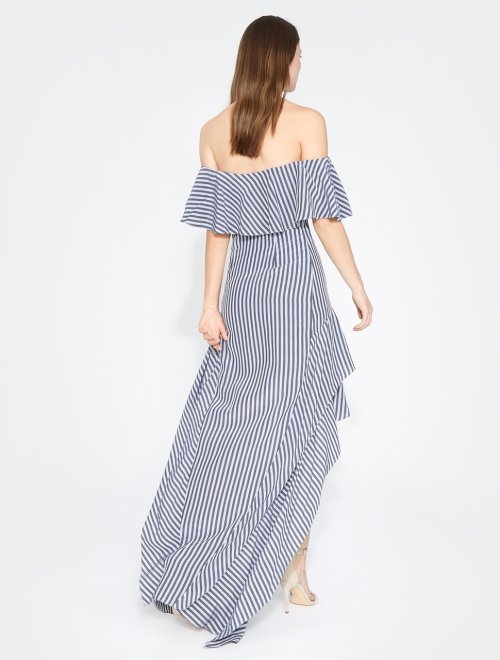 OFF SHOULDER HIGH LOW FLOUNCE STRIPED GOWN