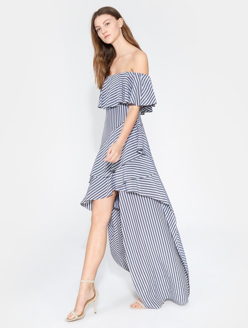 OFF SHOULDER HIGH LOW FLOUNCE STRIPED GOWN OFF SHOULDER HIGH LOW FLOUNCE STRIPED GOWN