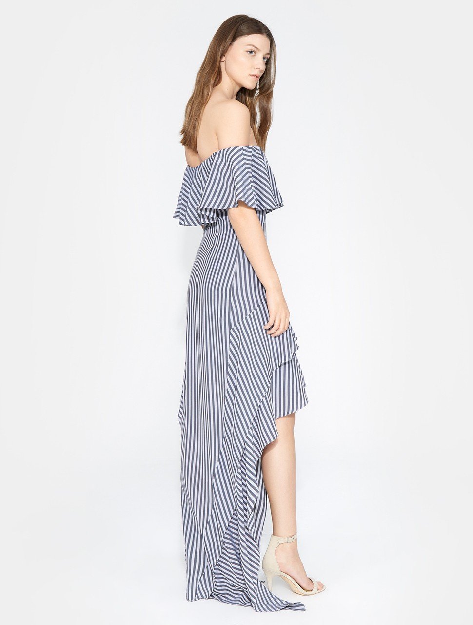 OFF SHOULDER HIGH LOW FLOUNCE STRIPED GOWN OFF SHOULDER HIGH LOW FLOUNCE STRIPED GOWN