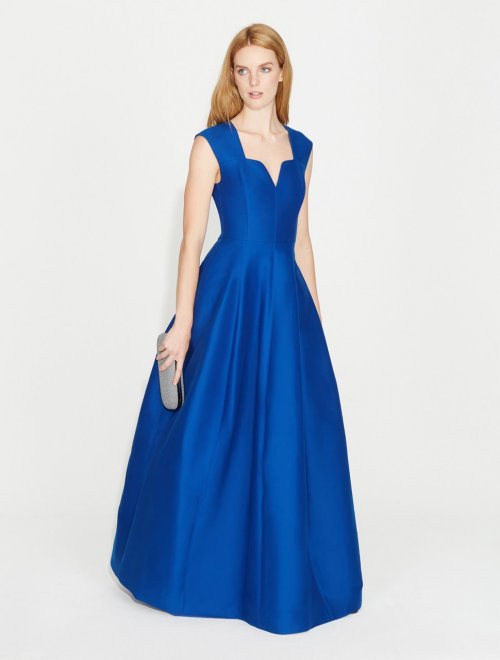 VESTIDO DE CUELLO GEOMÉTRICO CON FAILLE DE SEDA
