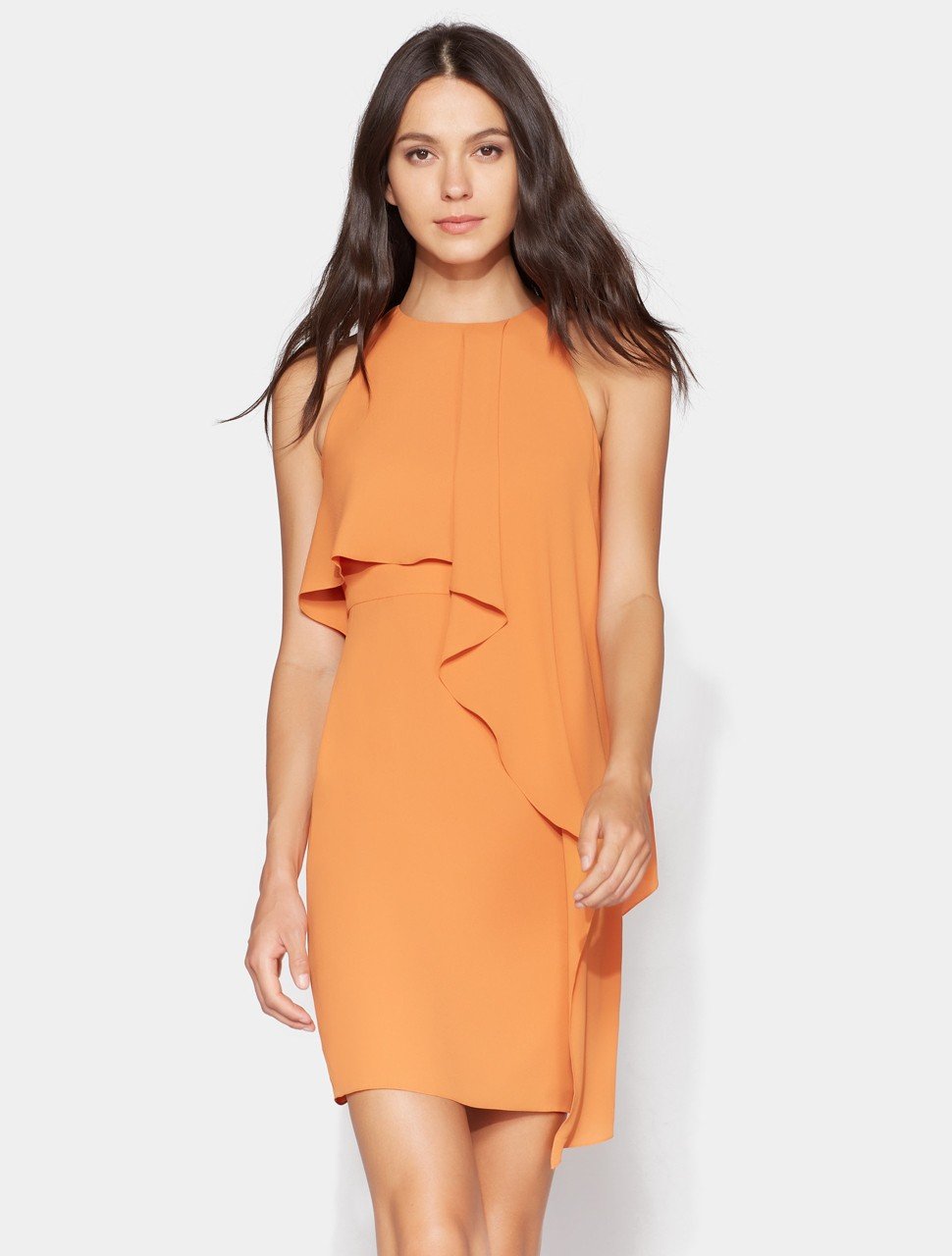 Sleeveless High Neck Dress with Drape Overlay Sleeveless High Neck Dress with Drape Overlay
