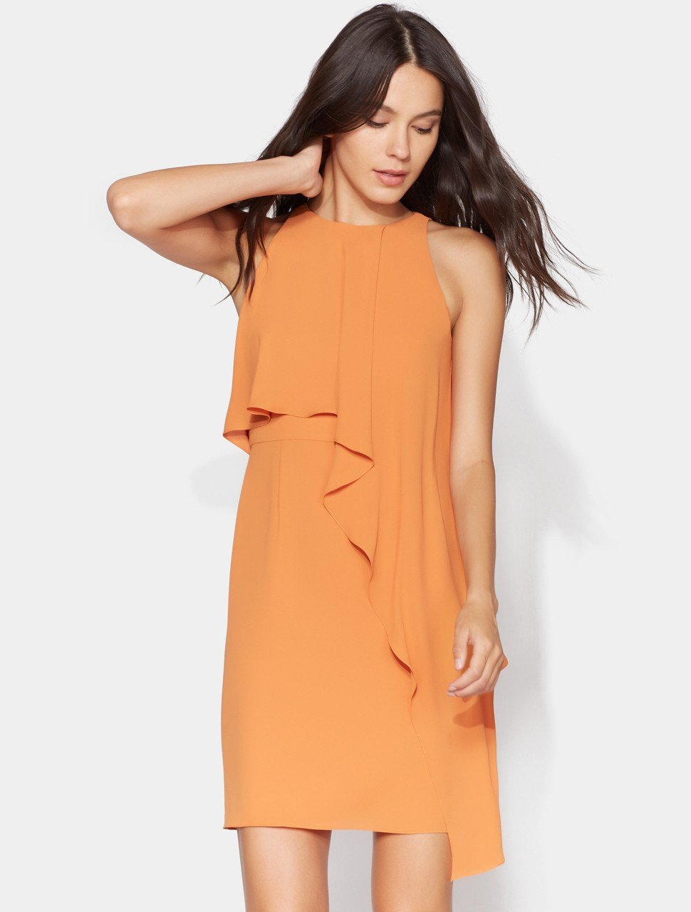 Sleeveless High Neck Dress with Drape Overlay Sleeveless High Neck Dress with Drape Overlay