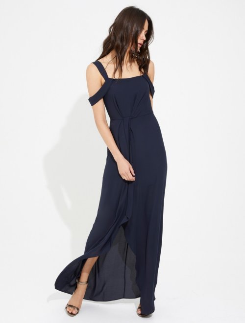 COLD SHOULDER DRAPED SILKY GEORGETTE GOWN