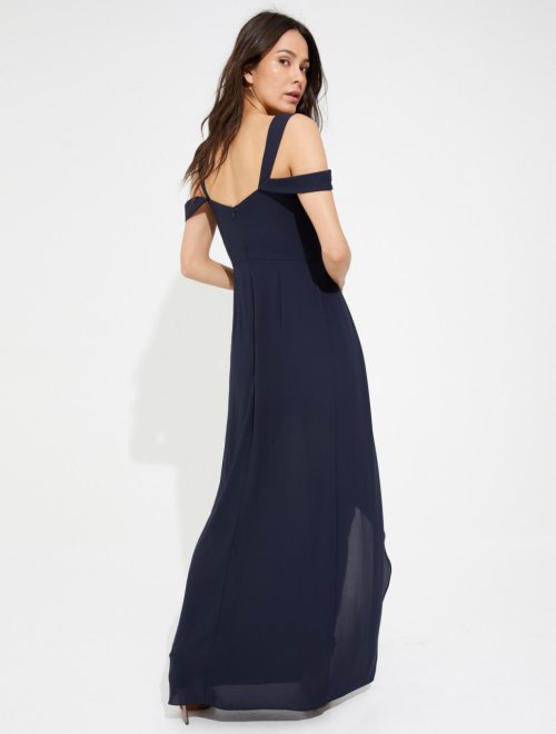 COLD SHOULDER DRAPED SILKY GEORGETTE GOWN