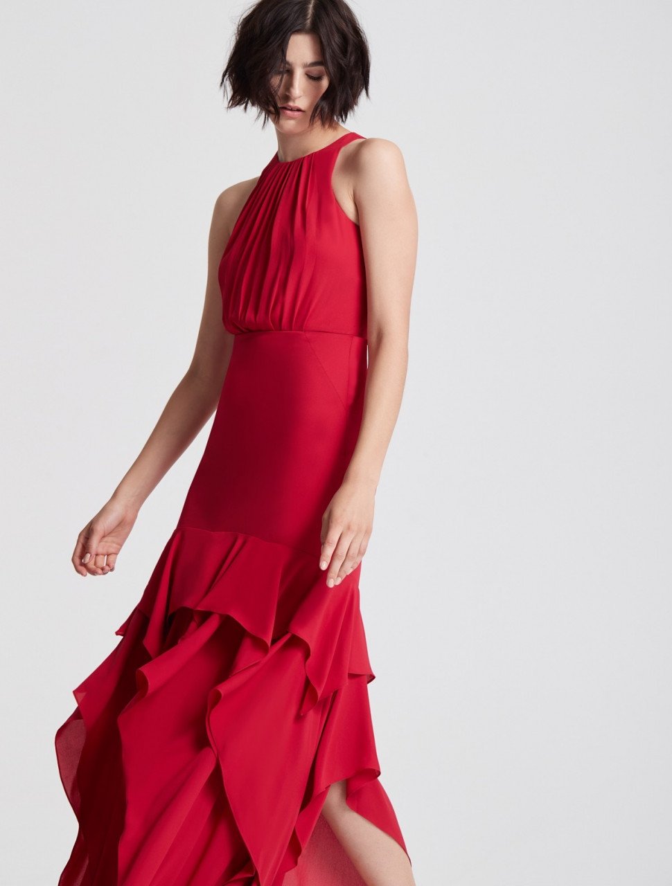 SLEEVELESS RUFFLE SKIRT SILKY GEORGETTE GOWN SLEEVELESS RUFFLE SKIRT SILKY GEORGETTE GOWN