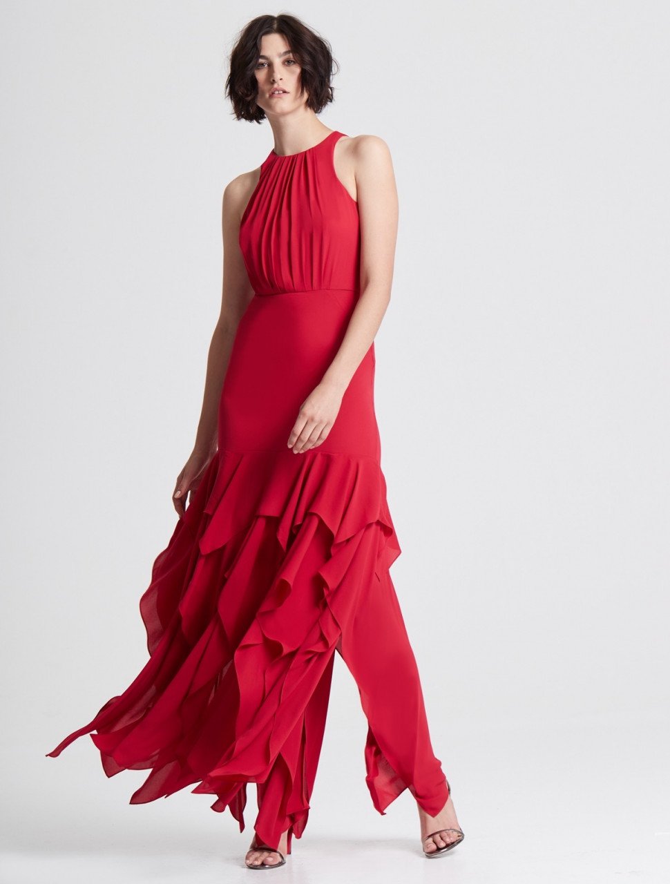 SLEEVELESS RUFFLE SKIRT SILKY GEORGETTE GOWN SLEEVELESS RUFFLE SKIRT SILKY GEORGETTE GOWN
