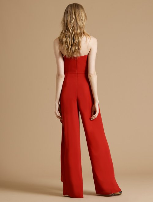 STRAPLESS ASYMMETRIC DRAPE WIDE LEG JUMPSUIT
