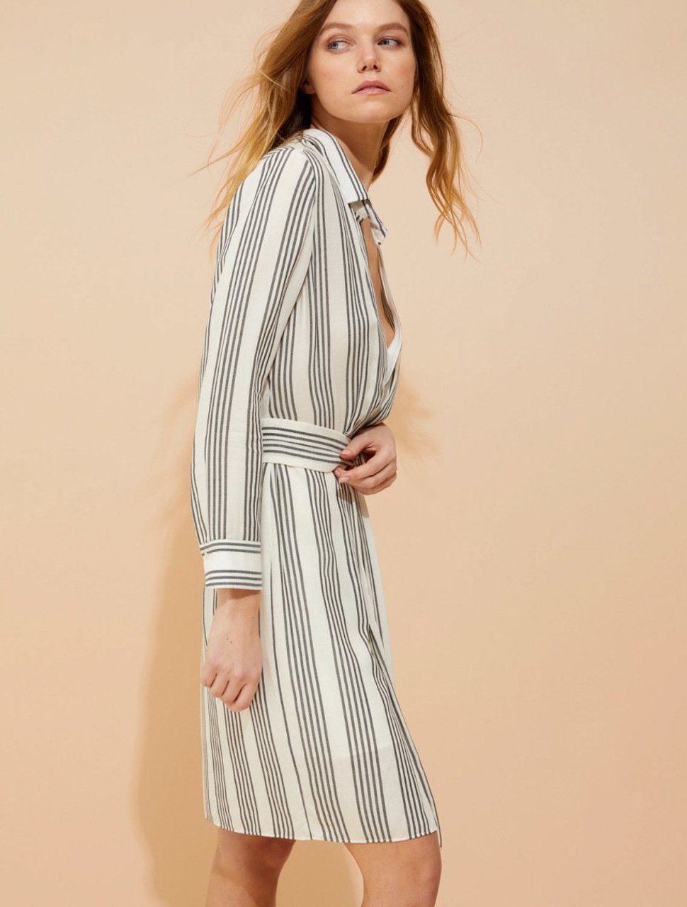 STRIPE GAUZE FAUX WRAP SHIRTDRESS STRIPE GAUZE FAUX WRAP SHIRTDRESS