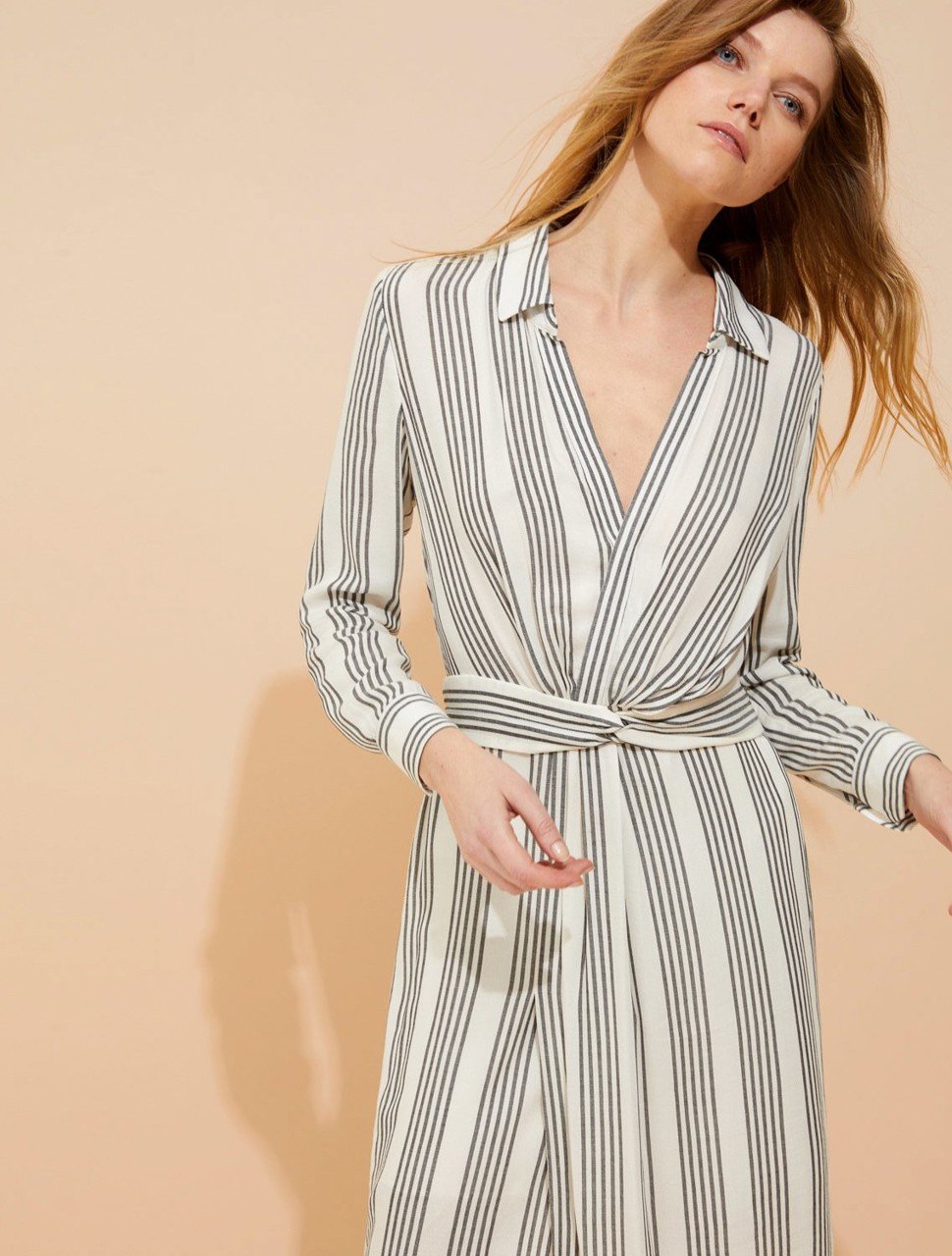 STRIPE GAUZE FAUX WRAP SHIRTDRESS STRIPE GAUZE FAUX WRAP SHIRTDRESS