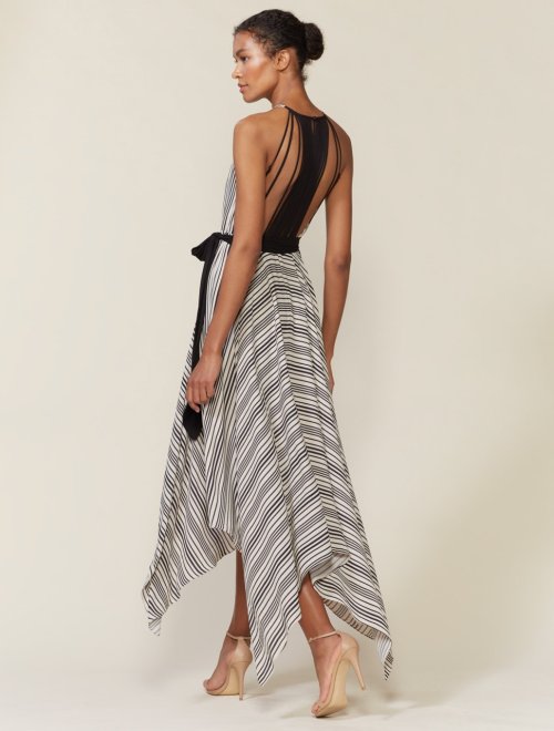 Sleeveless High Neck Stripe Gown with Strip Back