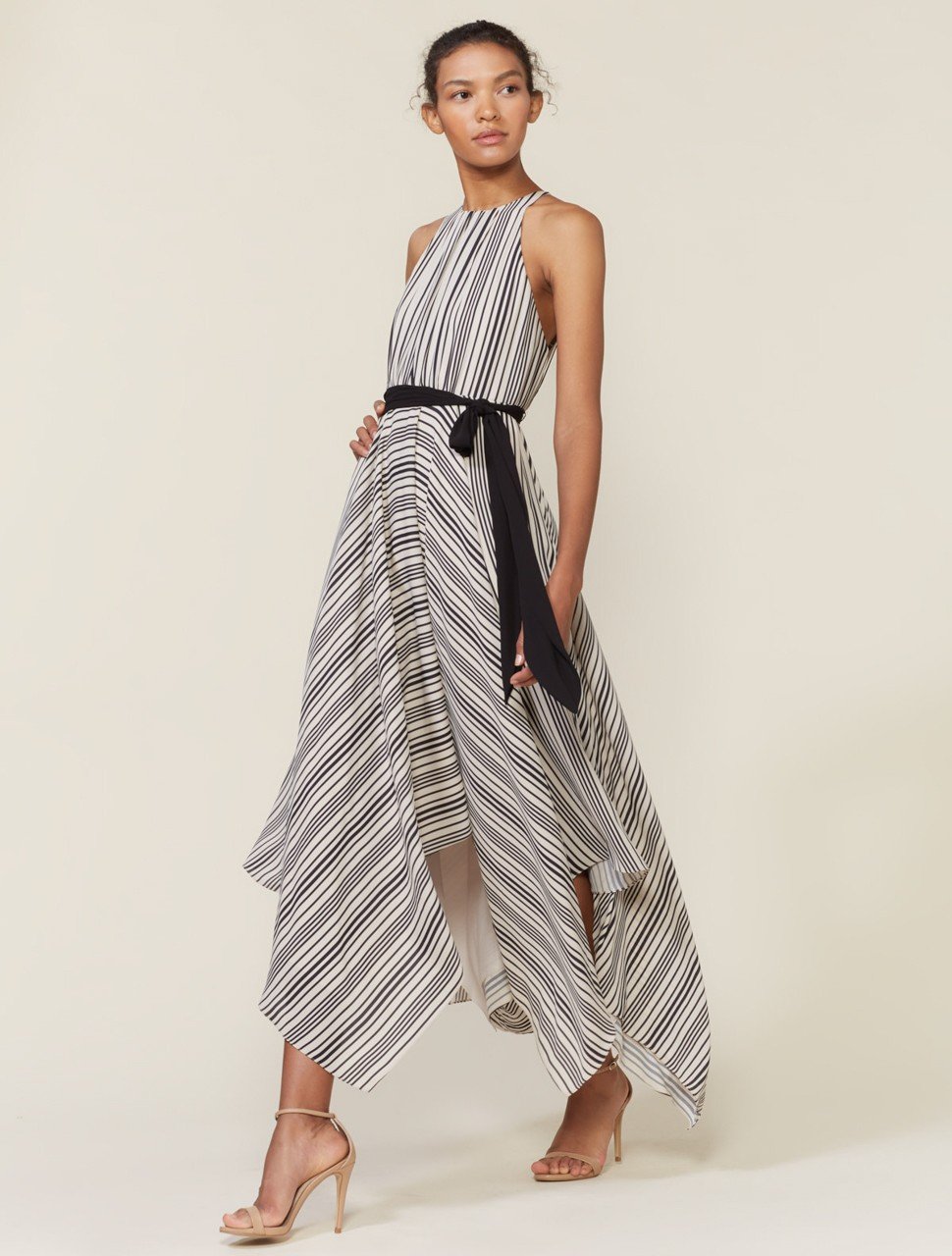 Sleeveless High Neck Stripe Gown with Strip Back Sleeveless High Neck Stripe Gown with Strip Back