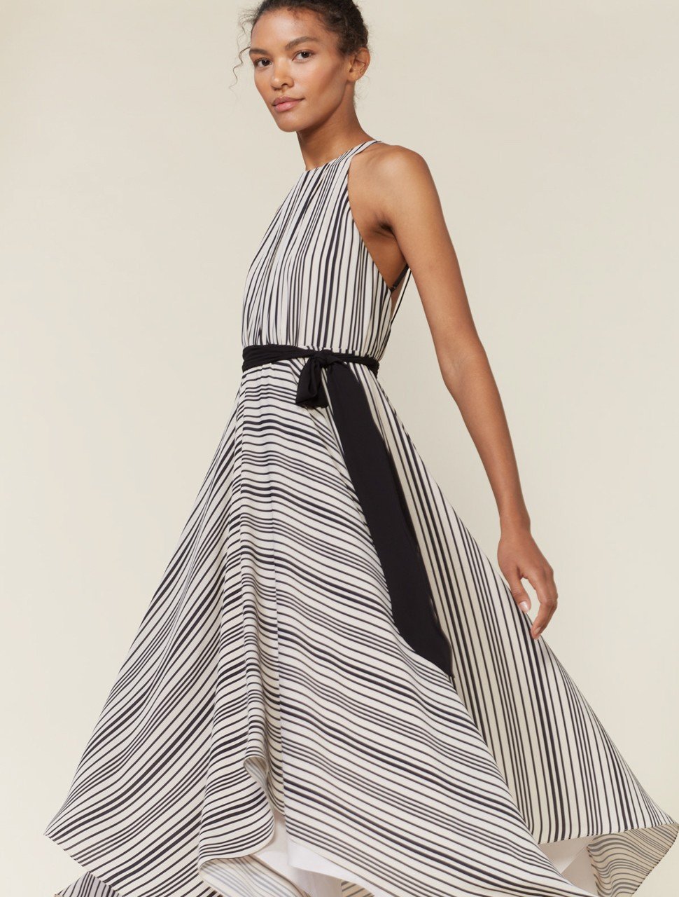 Sleeveless High Neck Stripe Gown with Strip Back Sleeveless High Neck Stripe Gown with Strip Back