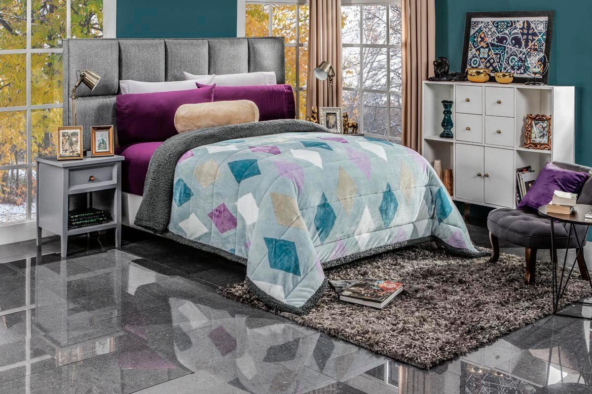 COBERTOR FLANNEL CON BORREGA ARLEQUIN | INTIMA HOGAR